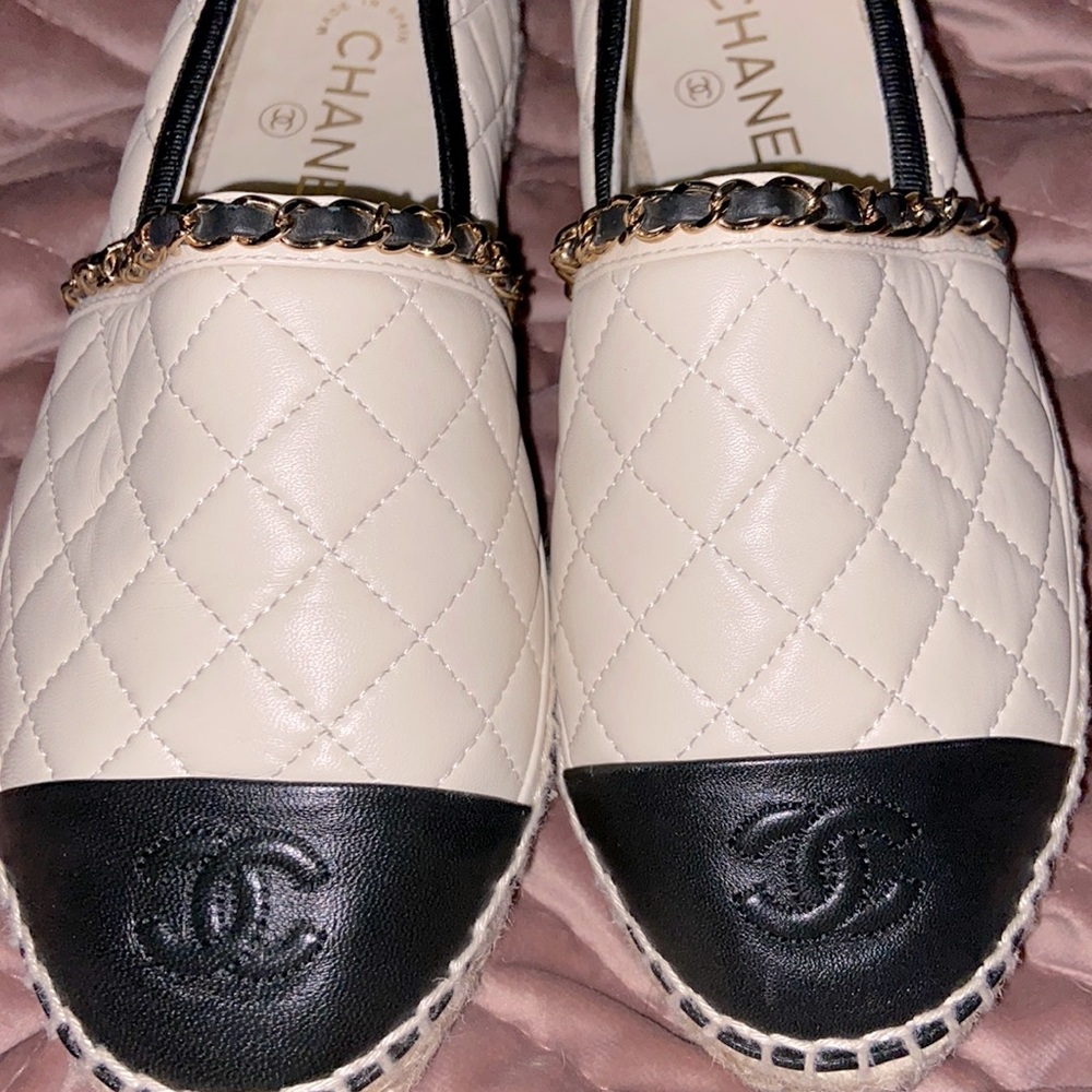 CHANEL Quilted Cream and Black Espadrilles
